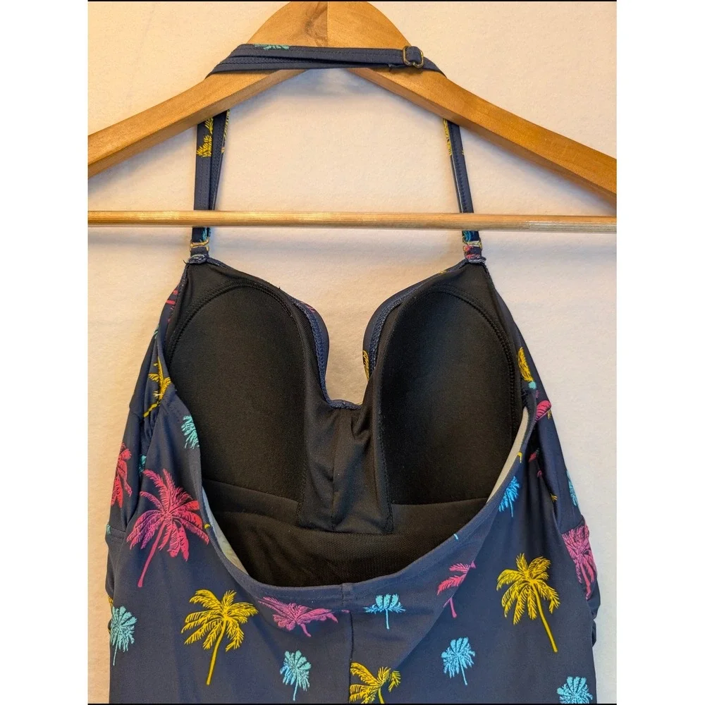 Shore Shapes Navy Blue Neon Palm Tree Ruched Halter Swim Dress One Piece Size 10